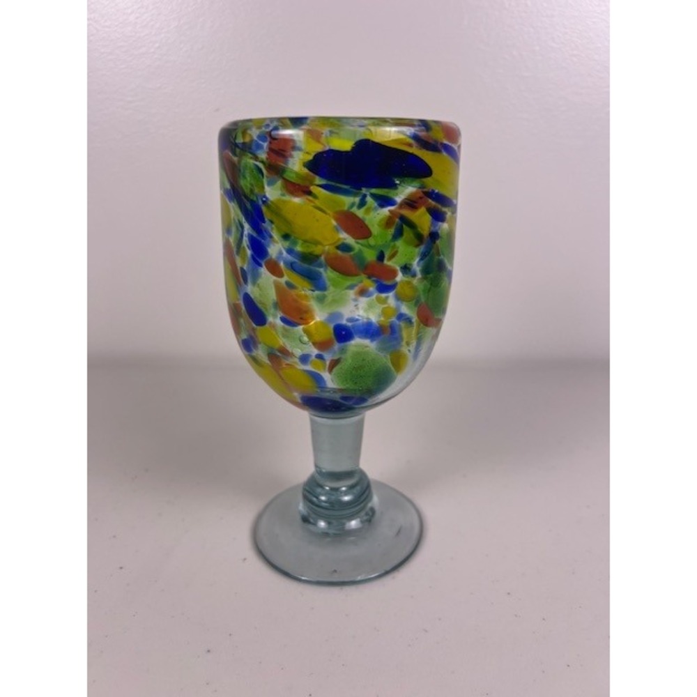 Hand Blown Confetti Glass Goblet Multicolor Splatter Art Glass Chalice 7 inch